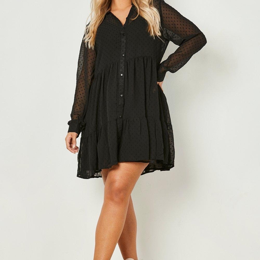 Boohoo Black Tiered Buttoned Sundress with Bishop Sleeves